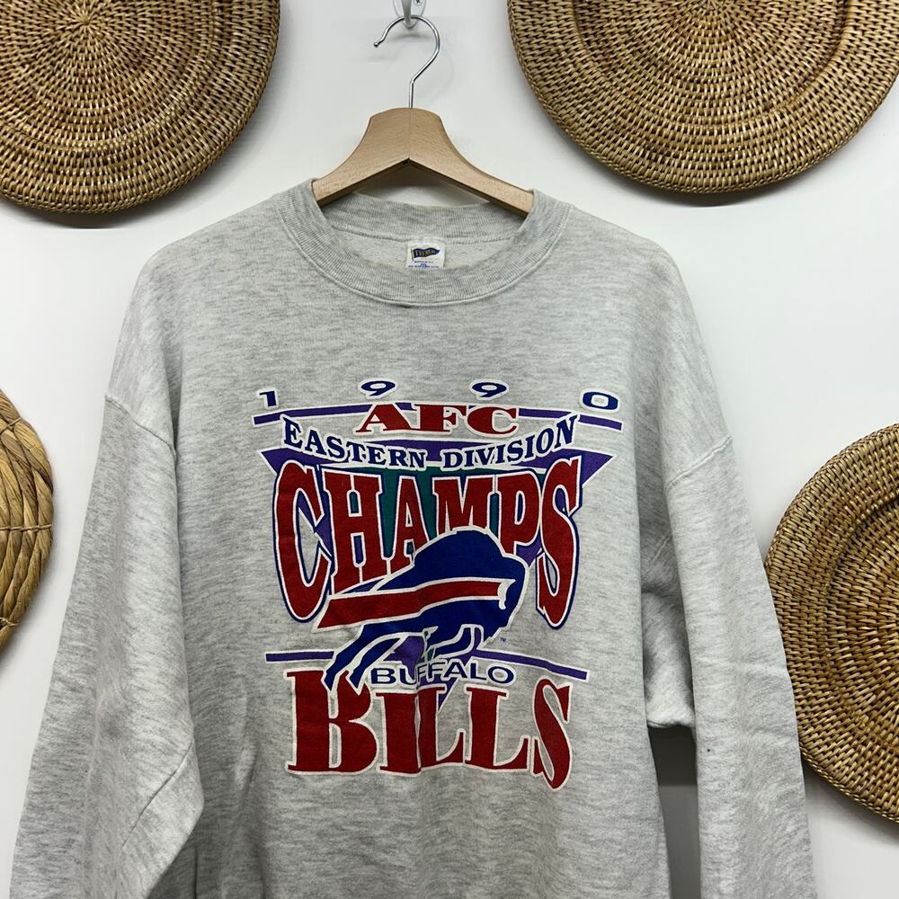 Vintage 90s Buffalo Bills 1990 AFC Champs Crew Neck Sweatshirt Mens XXL Gray - Picture 4 of 8